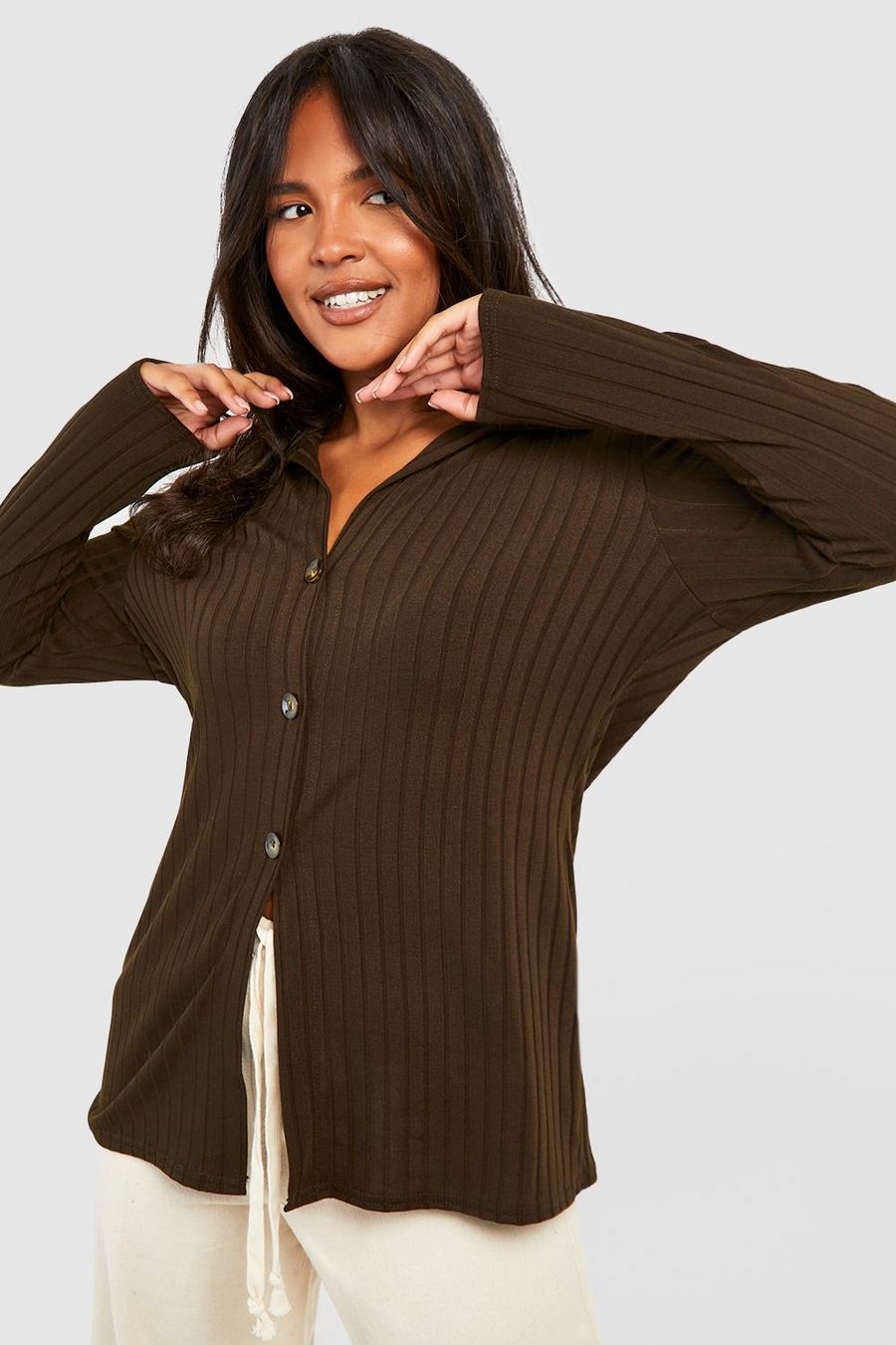 Chocolate brown Plus Knitted Rib Button Front Collared Cardigan 