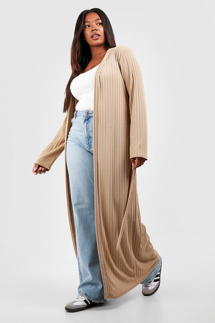 Cardigan maxi Plus Size in maglia a coste con cintura, Taupe image number 1