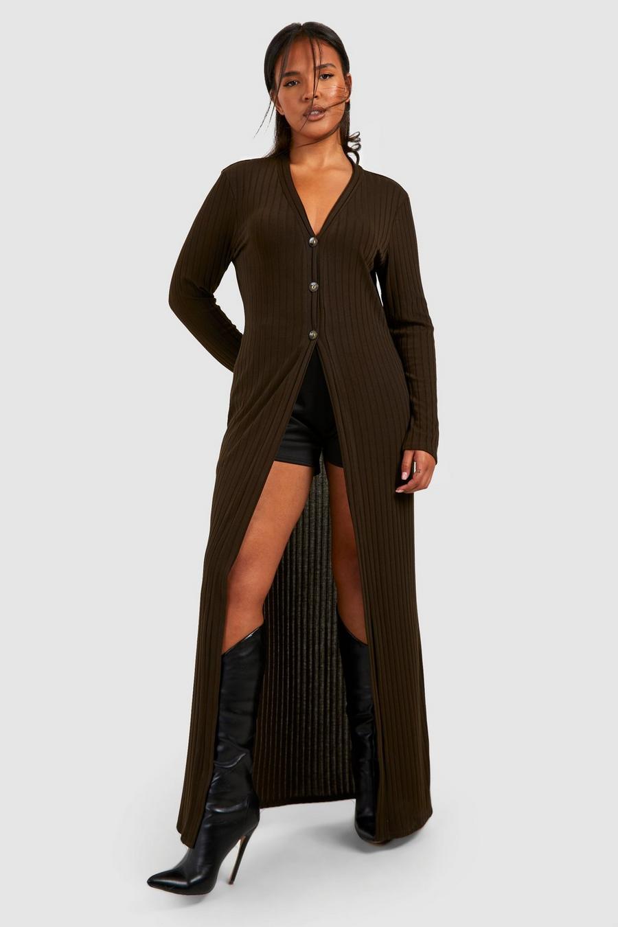Chocolate brown Plus Knitted Rib Button Front Maxi Cardigan