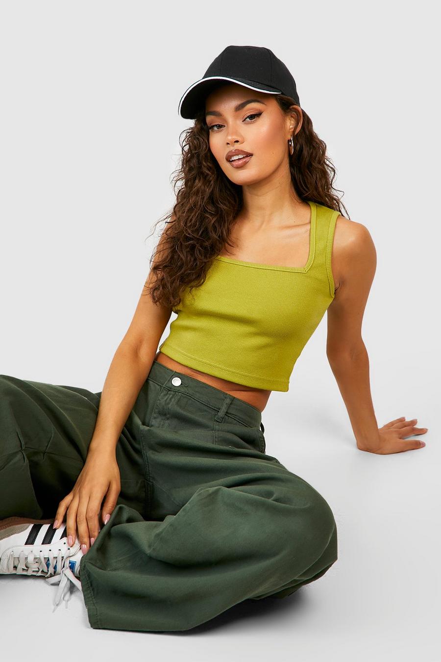Chartreuse yellow Square Neck Rib Crop Top
