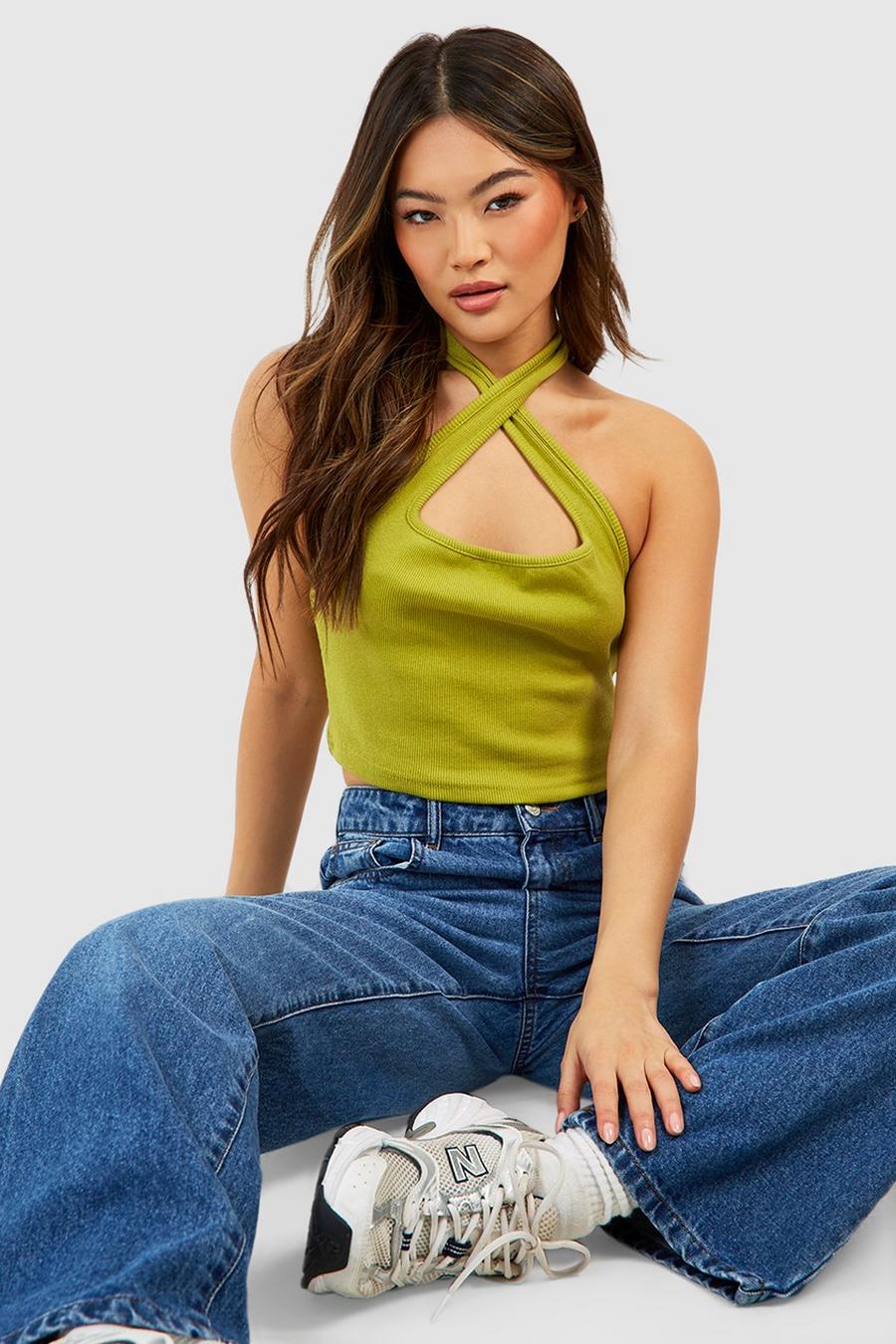 Chartreuse giallo Halter Neck Rib Crop Top image number 1