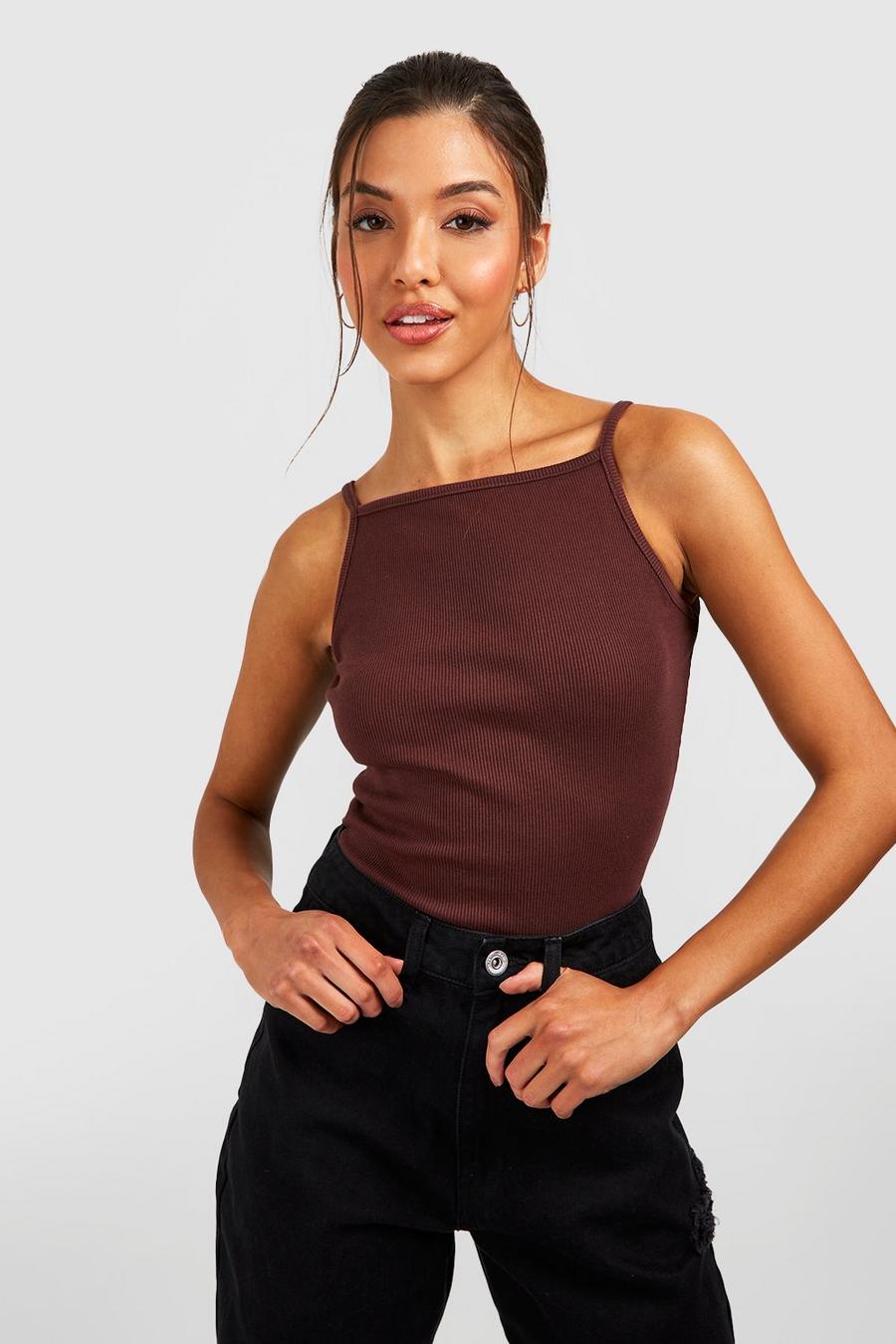 Chocolate Halter Neck Strappy Rib Crop Top image number 1