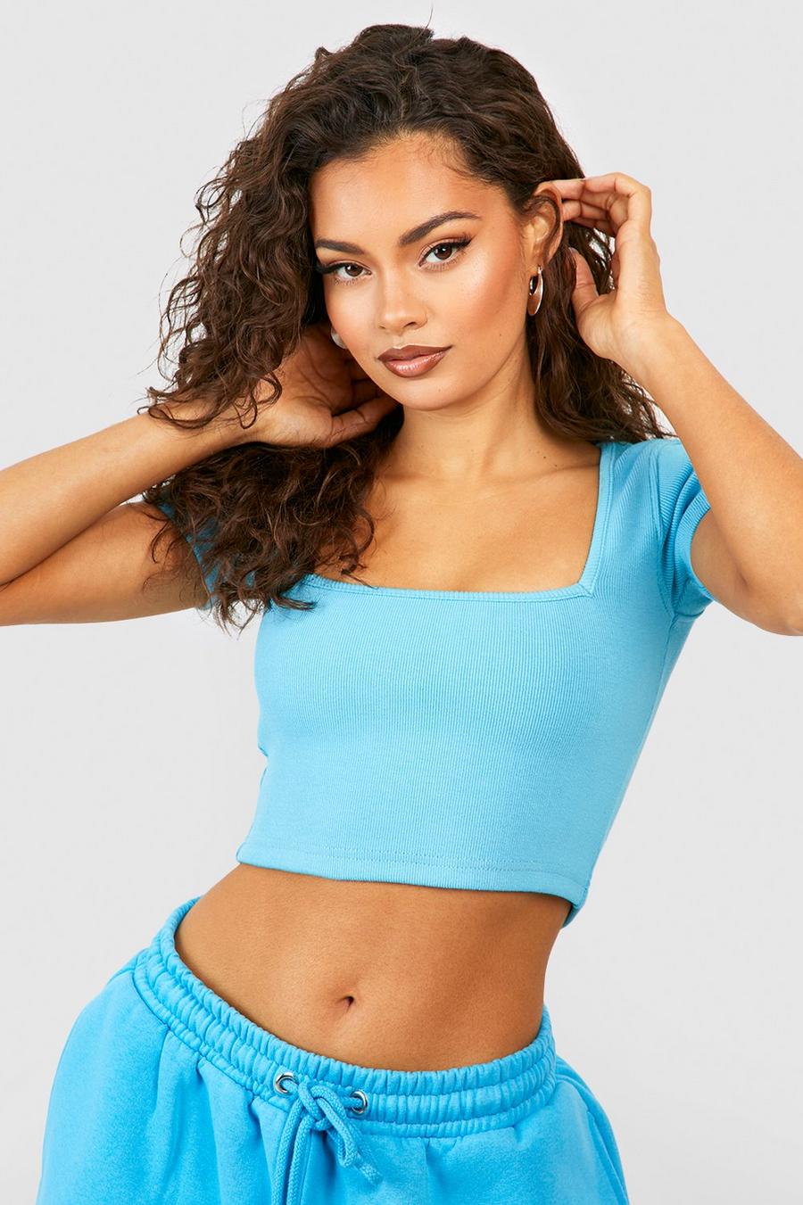 Turquoise Square Neck Short Sleeve Crop Top image number 1