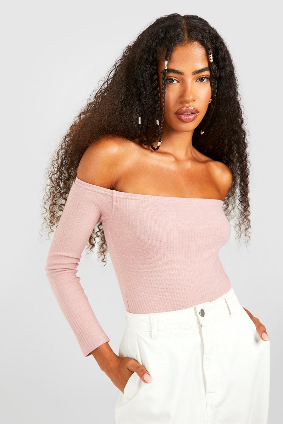 New Look Ribbed Off The Shoulder Bardot Long Sleeved Top In, 45% OFF