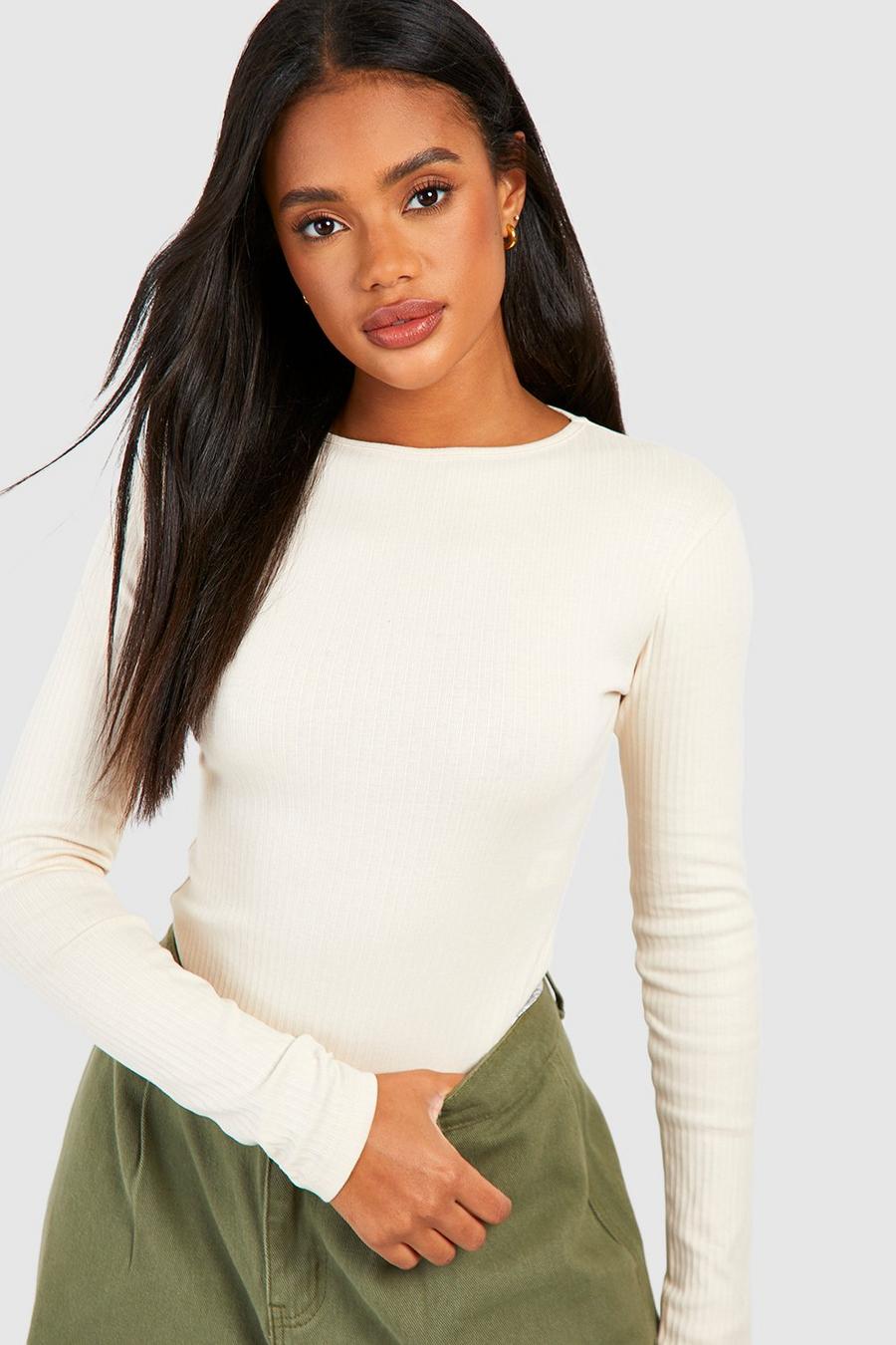 Buy Boohoo Long Sleeves Zip Front Knitted Ribbed Bodysuit Top In White