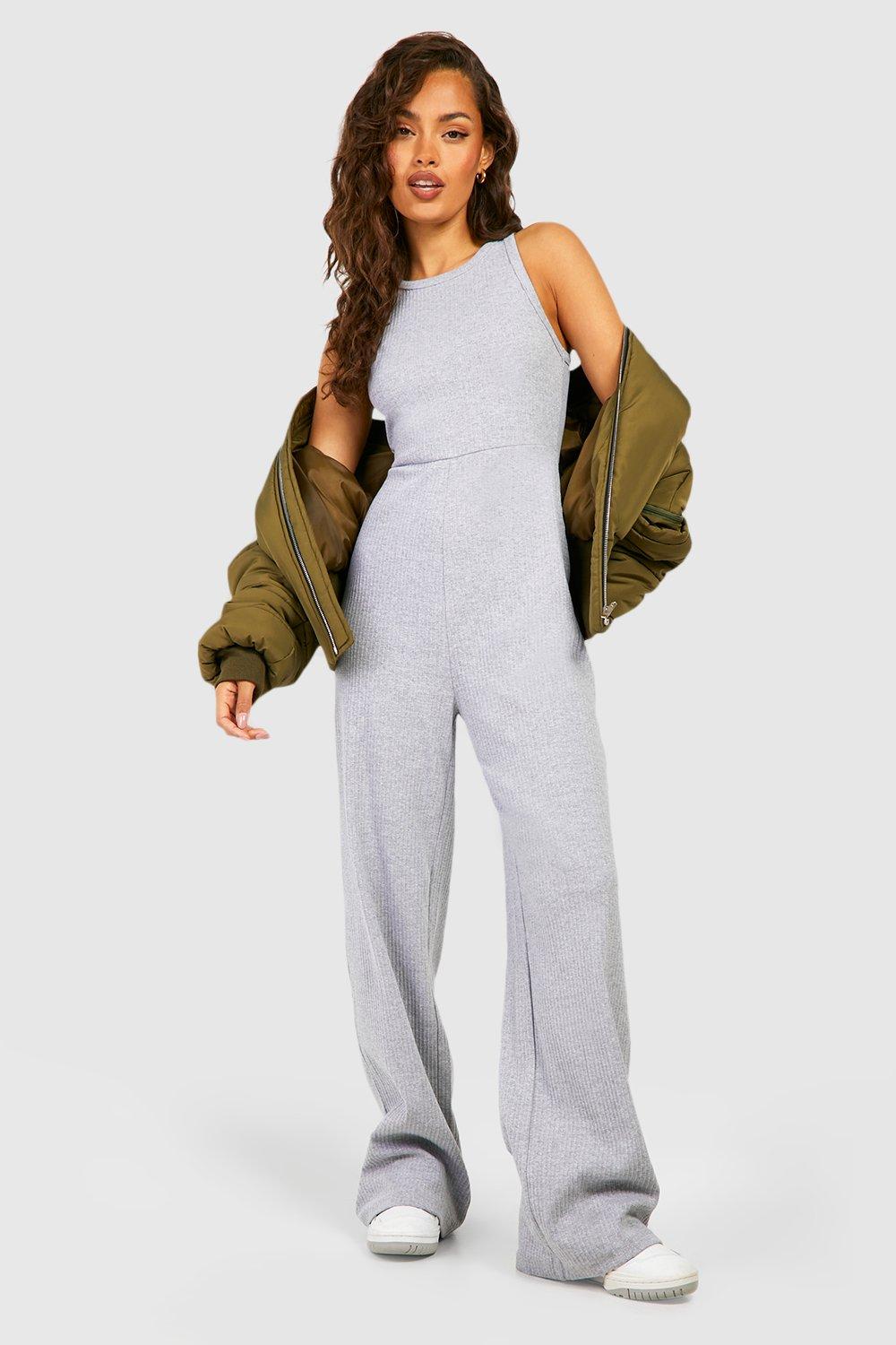 Cotton Rib Racer Neck Wide Leg Jumpsuit