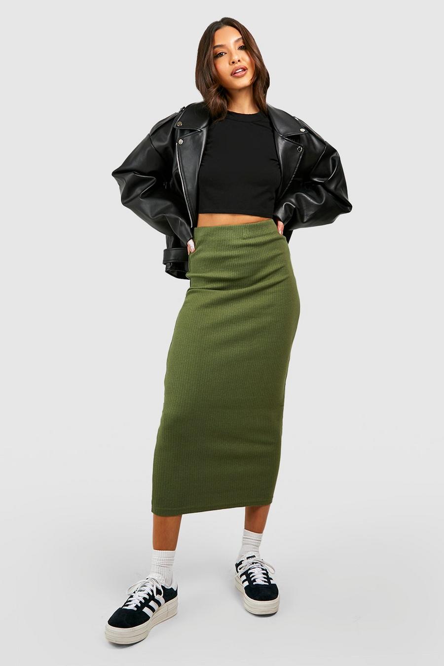 Khaki Cotton Rib Midi Skirt