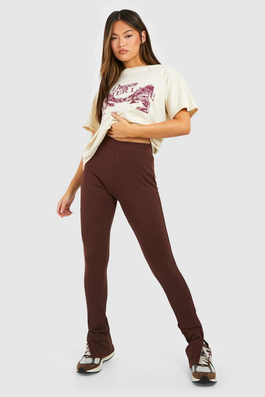 Chocolate brun Ribbade leggings med slitsar image number 1
