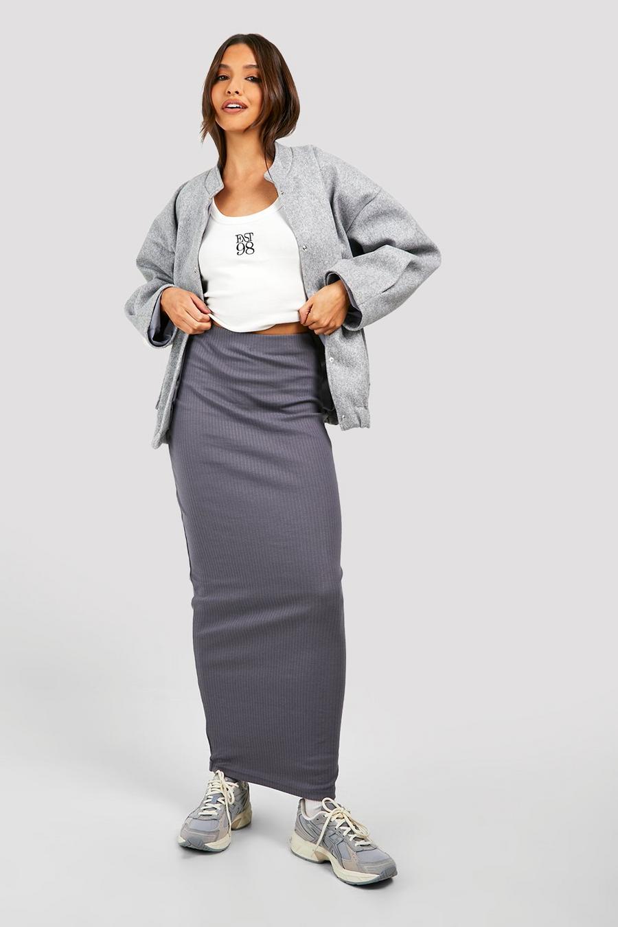 Steel grey Cotton Rib Maxi Slip Skirt image number 1