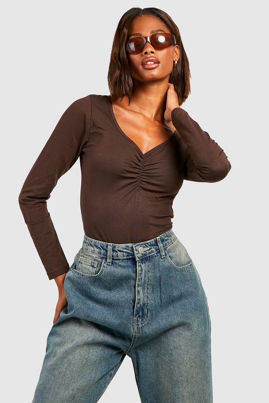 Chocolate Cotton Ruched Front Long Sleeve Bodysuit image number 1