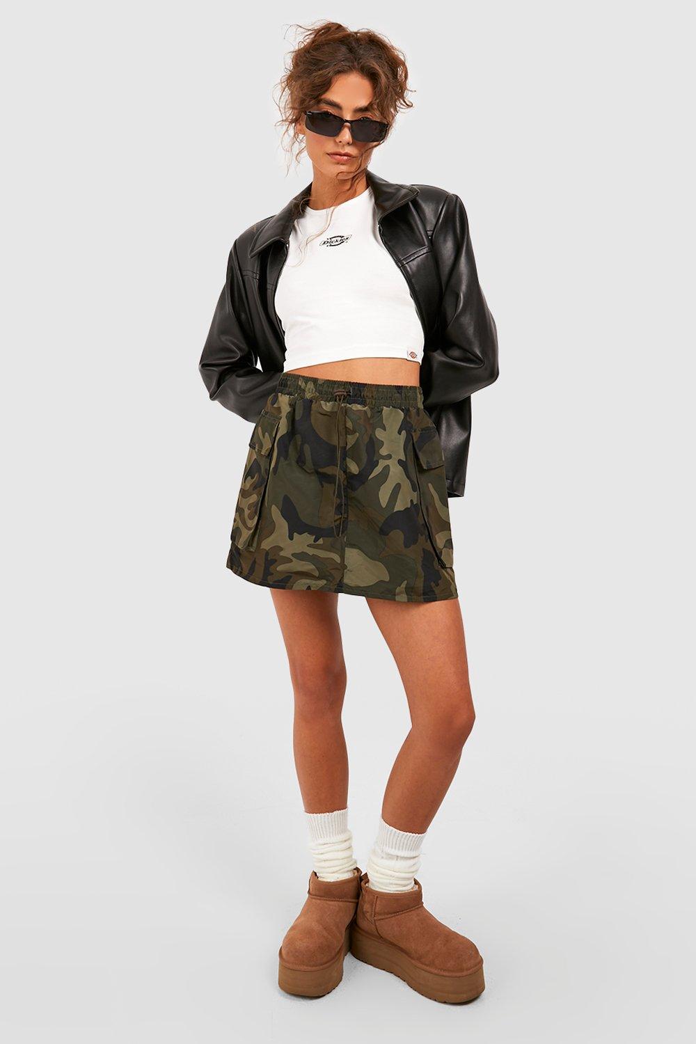 Toggle Waist Camo Print Cargo Mini Skirt