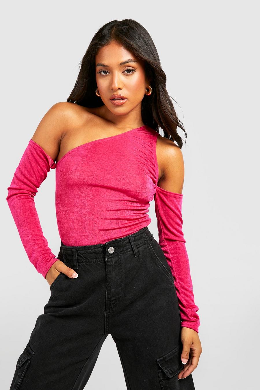 Fuchsia Petite Ruched Detail One Shoulder Bodysuit  image number 1