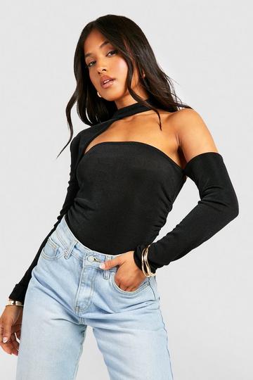 Black Petite Ruched Detail Asymmetric Bodysuit