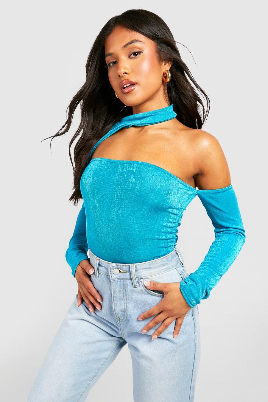 Turquoise Petite Ruched Detail Asymmetric Bodysuit  image number 1