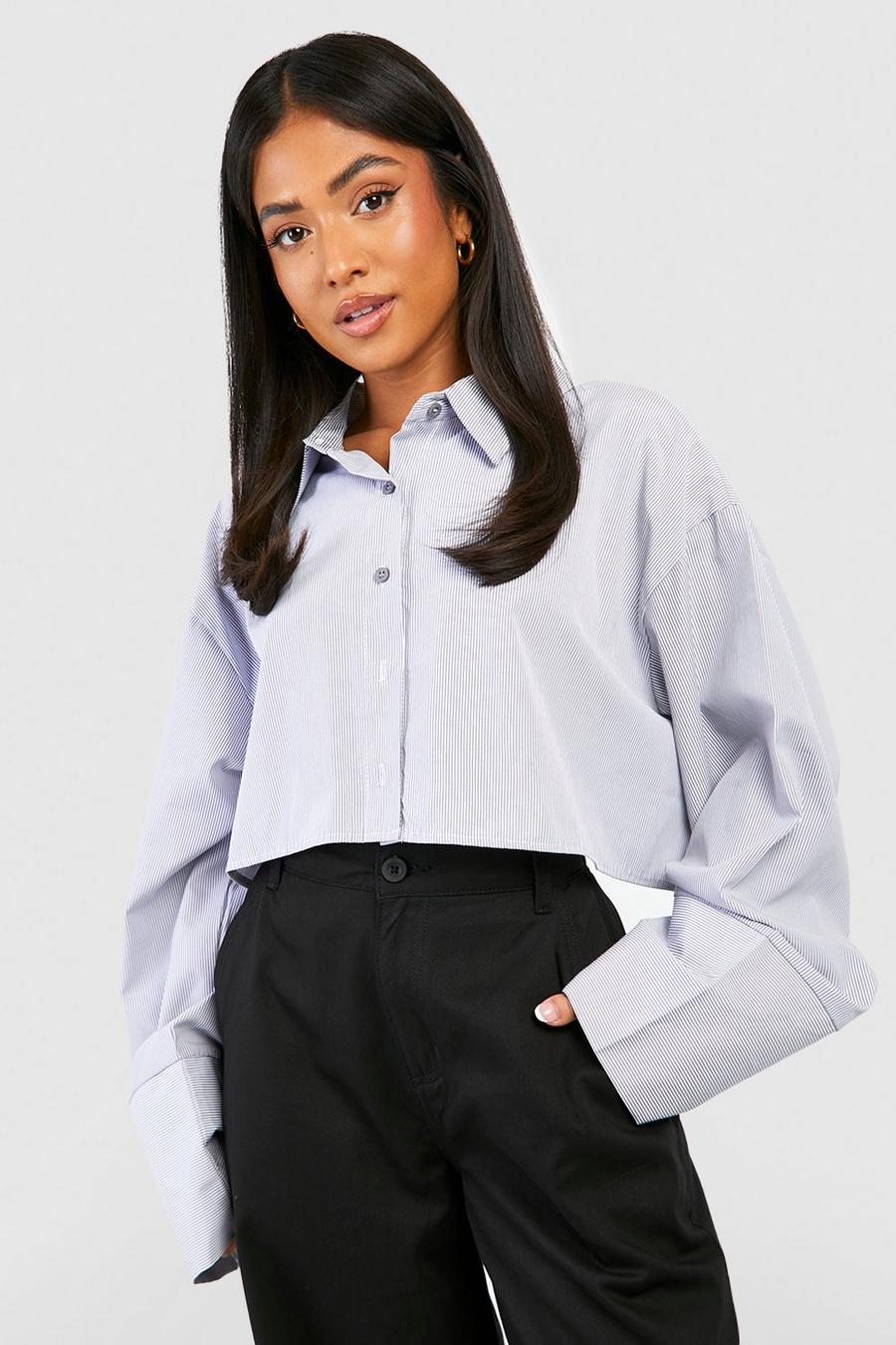 Grey Petite Cropped Stripe Shirt          image number 1