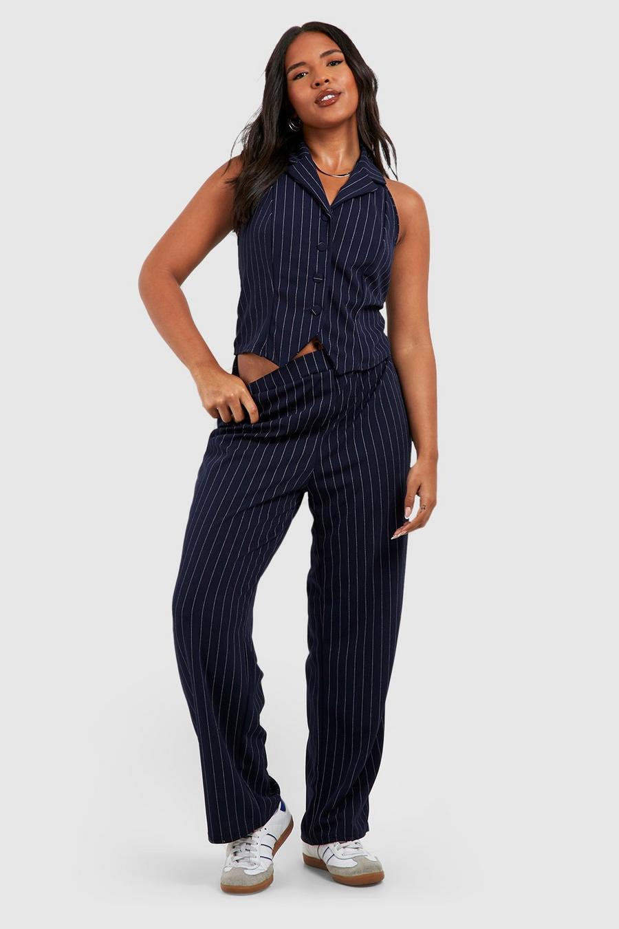 Navy Plus Crepe Pinstripe Straight Leg Trousers image number 1