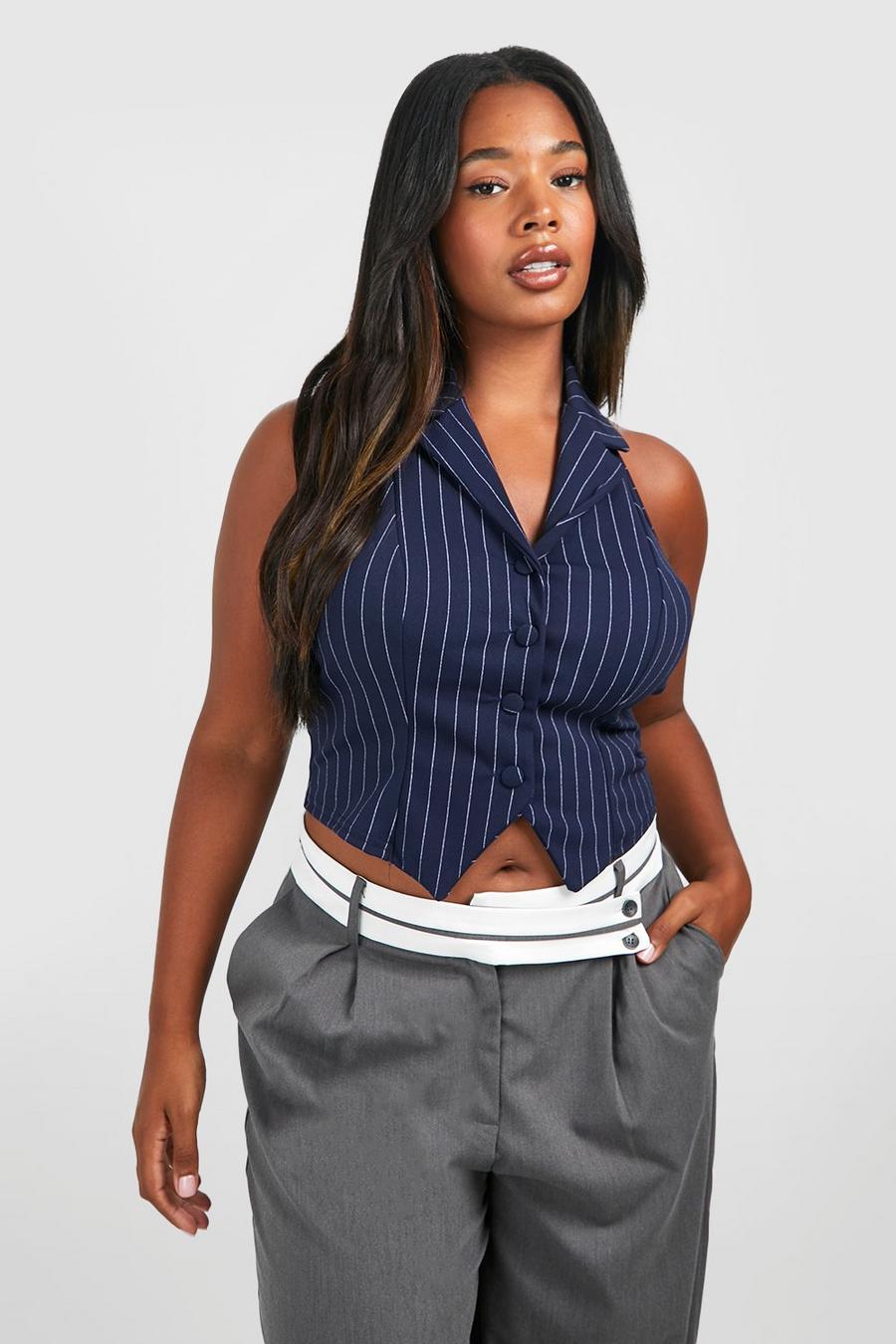 Navy Plus Crepe Pinstripe Tailored Vest Top image number 1