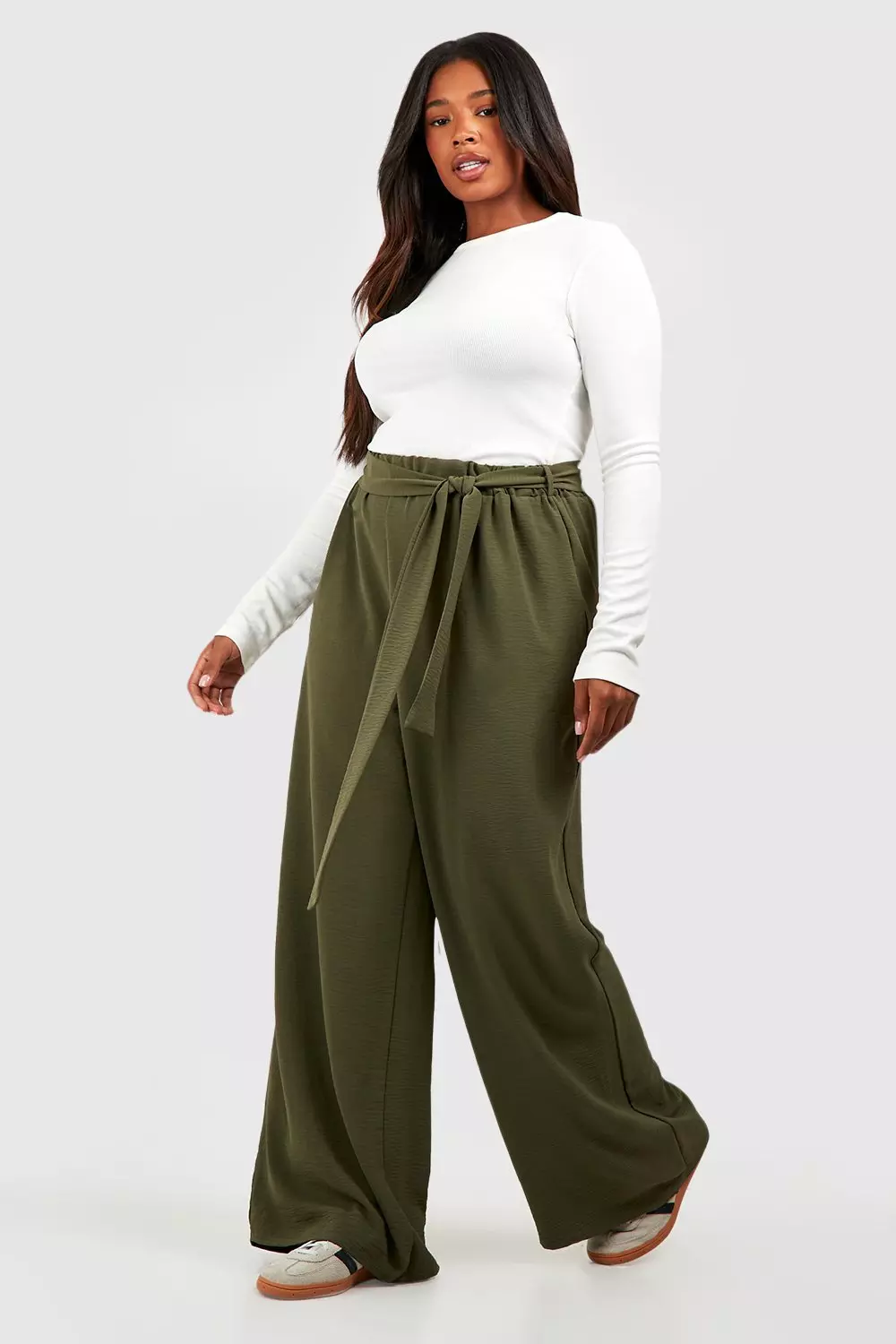 Khaki Plus Woven Textured Belted Wide Leg Trousers alternative image