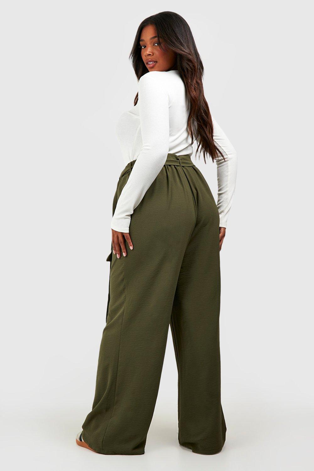 Dark green belted straight-leg pants