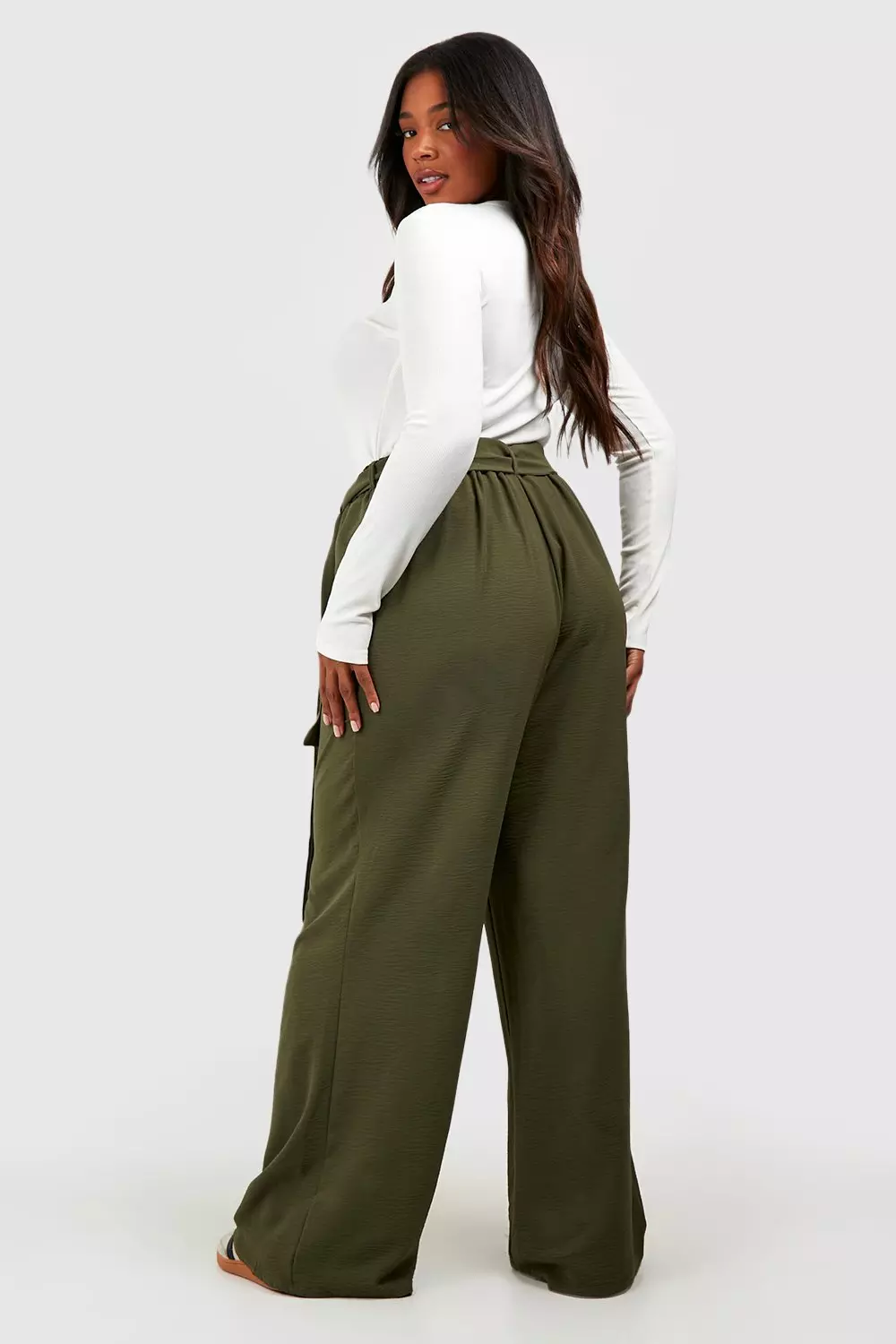 Khaki Plus Woven Textured Belted Wide Leg Trousers alternative image
