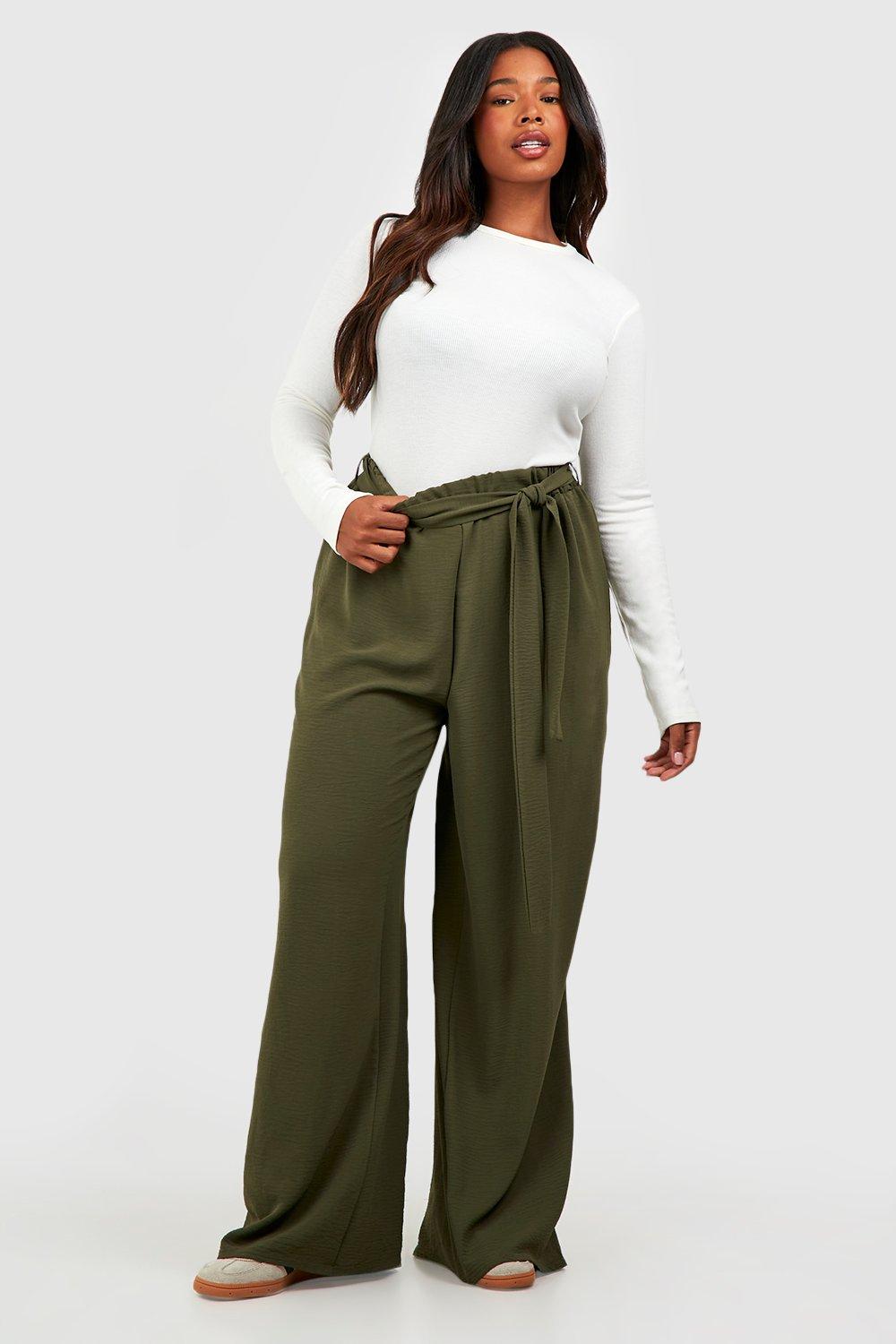 Plus Woven Textured Belted Wide Leg Pants | boohoo