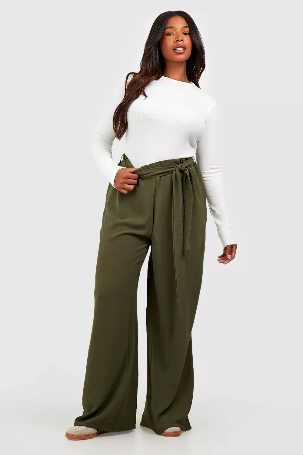 Khaki Plus Woven Textured Belted Wide Leg Trousers alternative image
