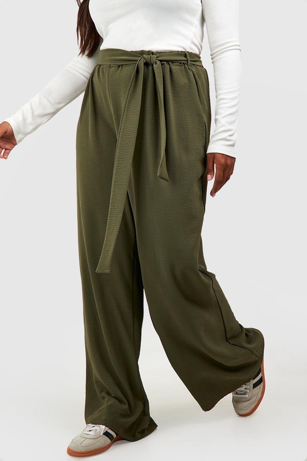 Plus Woven Textured Belted Wide Leg Pants | boohoo