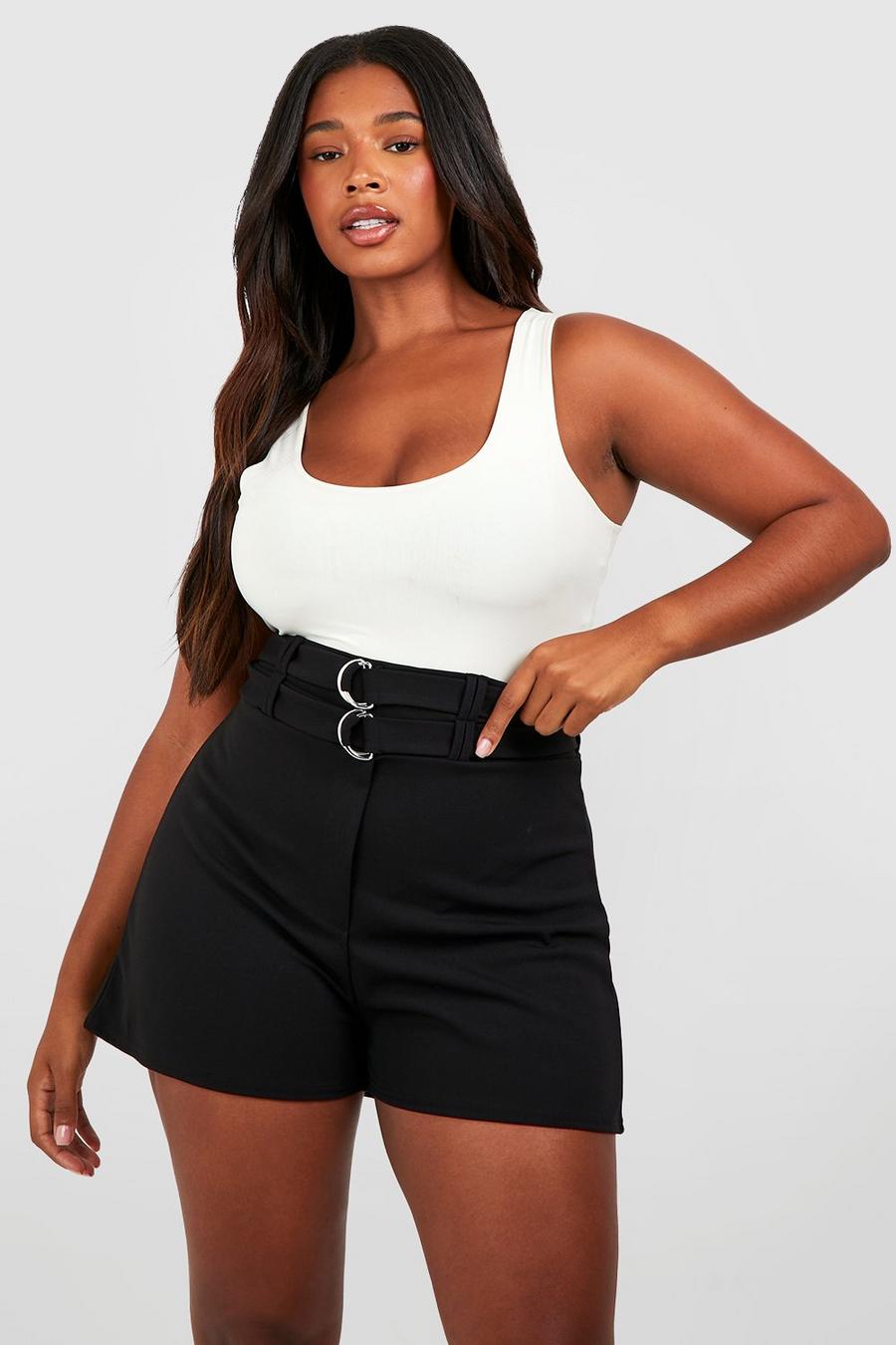 Black Plus Crepe Double Belted Tailored Shorts 