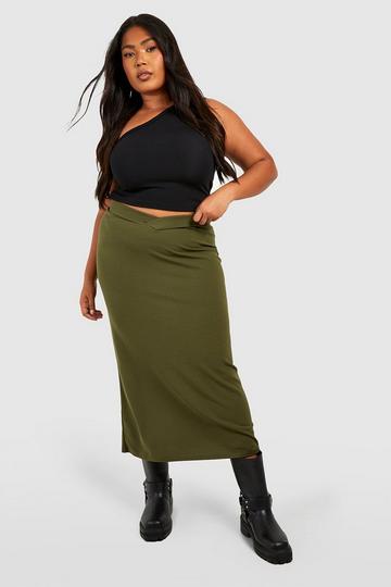 Khaki Plus Crepe V Waistband Midaxi Skirt