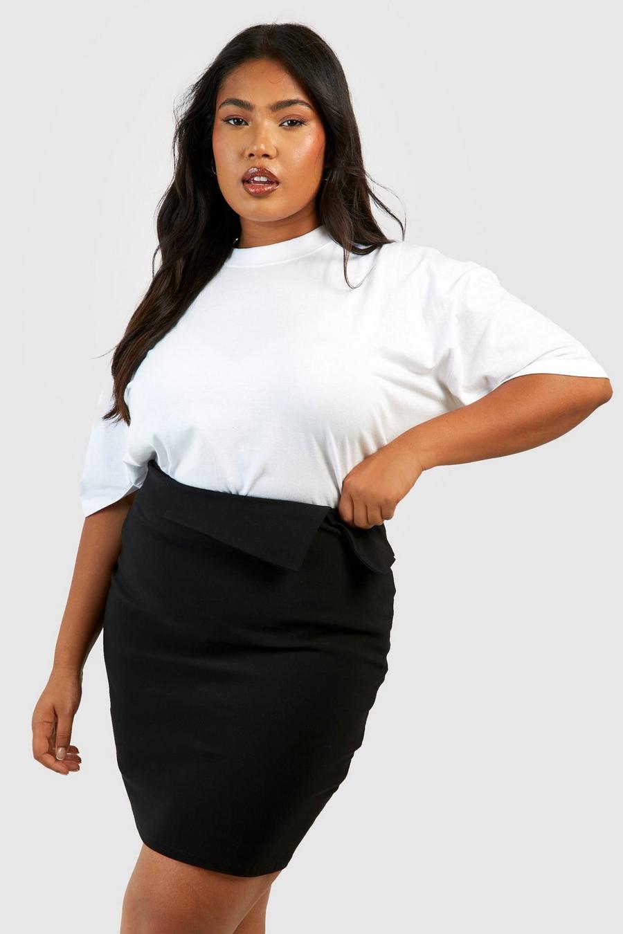 Black Plus Bengaline Fold Over Waist Band Mini Skirt  image number 1