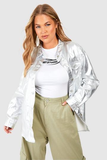 Plus Oversized Spijkerblouse Met Metallic Coating silver