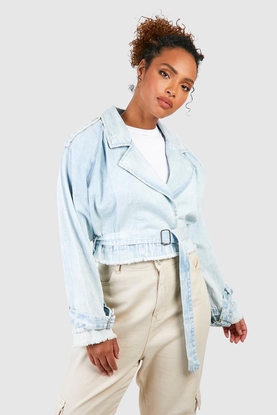 Giacca Trench Plus Size corta in denim, Light wash image number 1