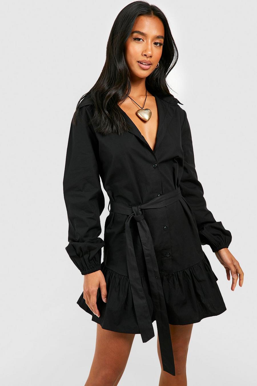 Vestito camicia Petite in cotone con cintura e fondo arricciato, Black image number 1
