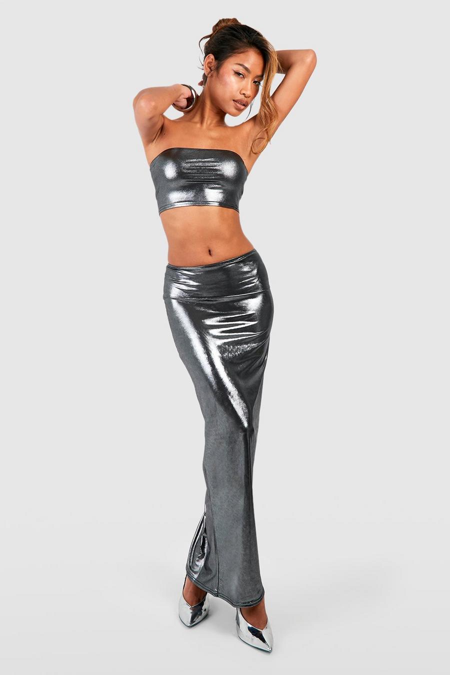 Silver Metallic Low Rise Maxi Skirt image number 1