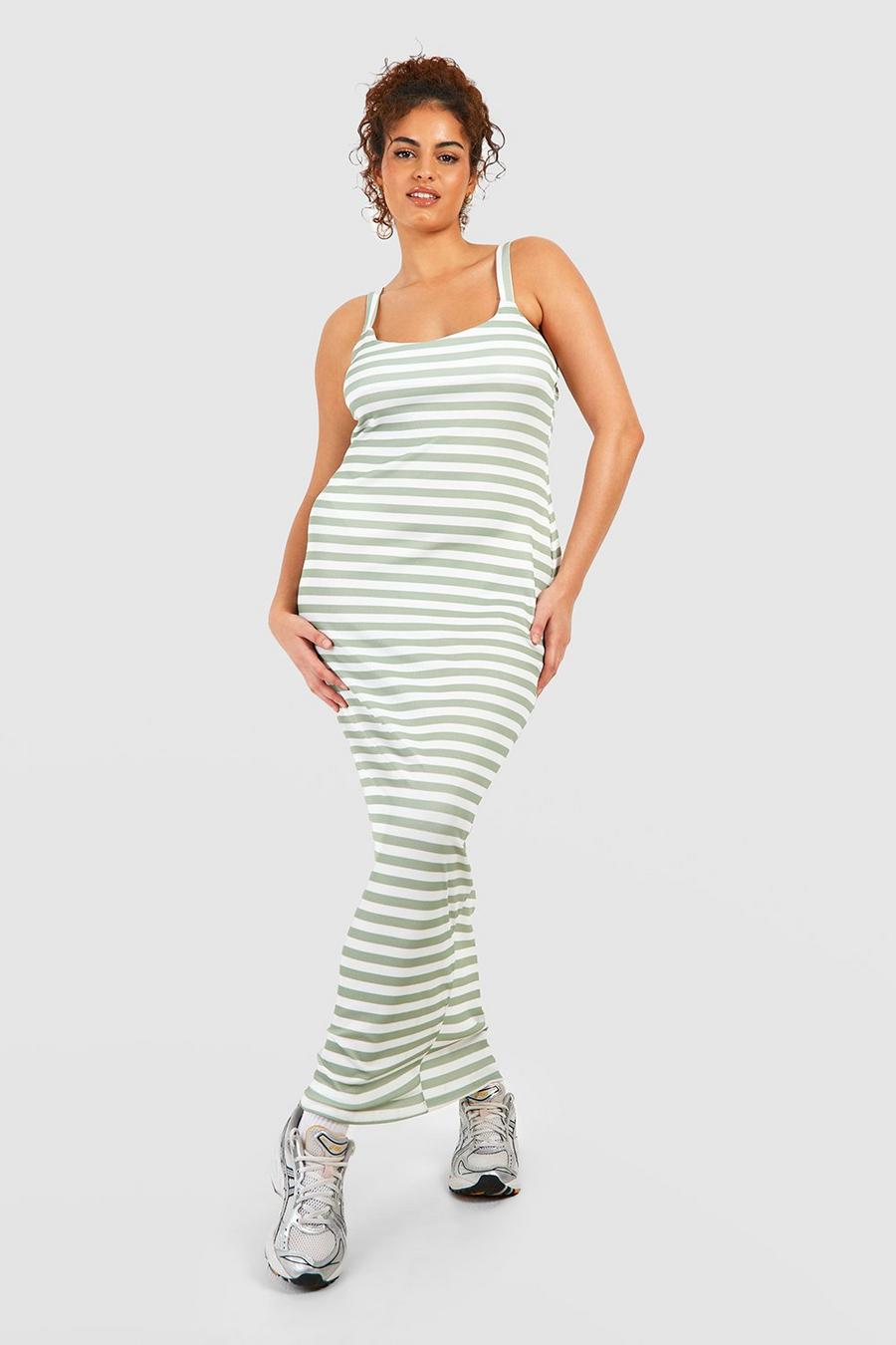 Khaki Plus Rib Stripe Scoop Neck Midi Dress 