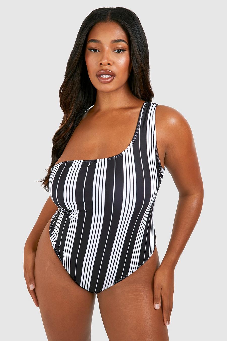 Black Plus Stripe One Shoulder Swimsuit 