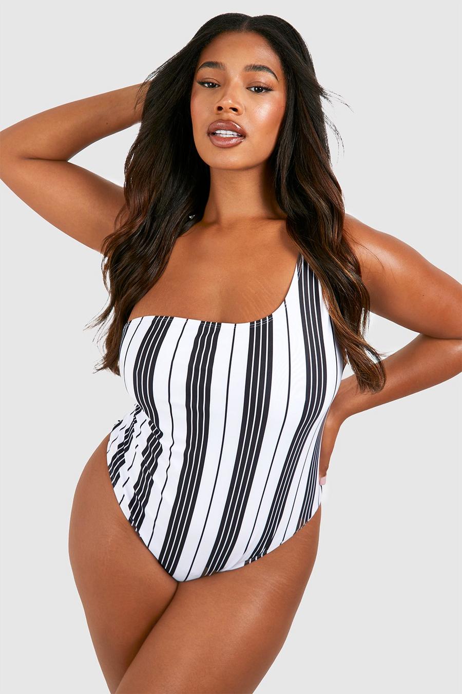 White Plus Stripe One Shoulder Swimsuit  image number 1