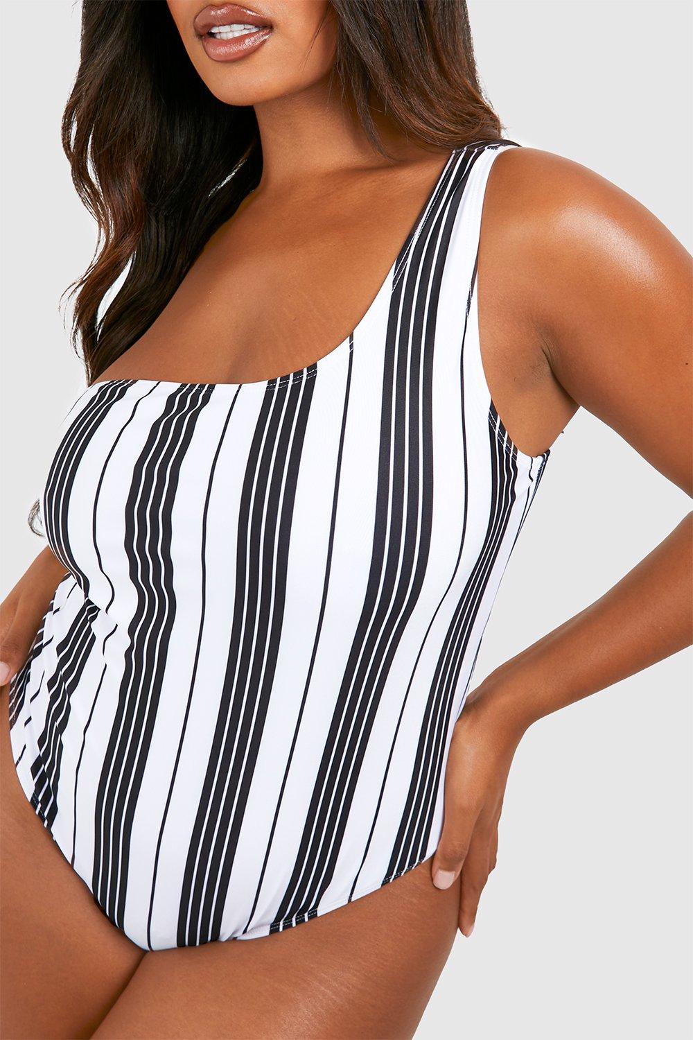 Plus Stripe One Shoulder Swimsuit