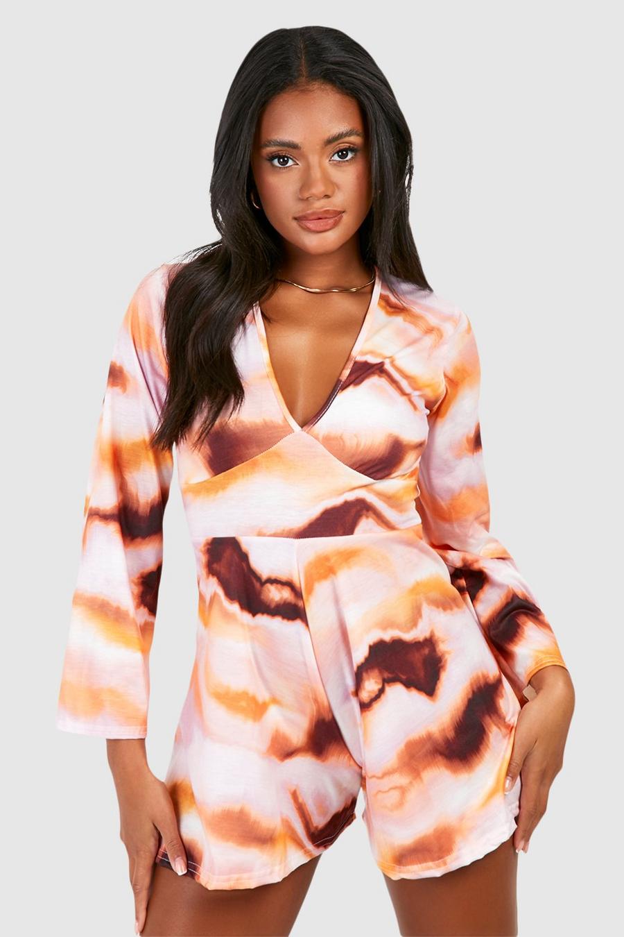 Pink Marble Flare Sleeve Wrap Playsuit image number 1