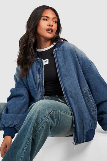 Plus Ruched Sleeve Oversized Denim Bomber Jacket mid blue