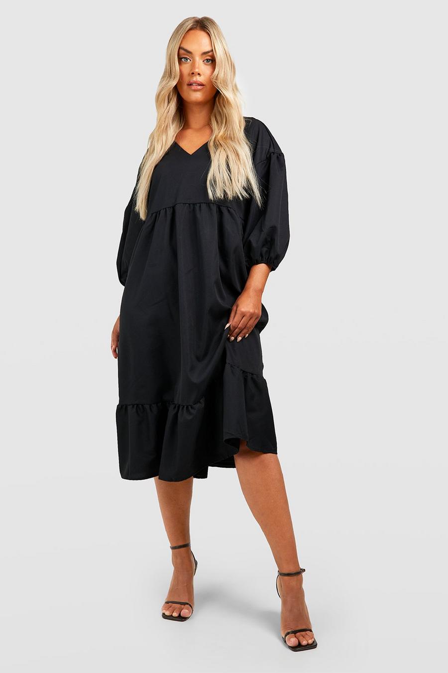 Black Plus Woven Puff Sleeve Tiered Smock Dress image number 1