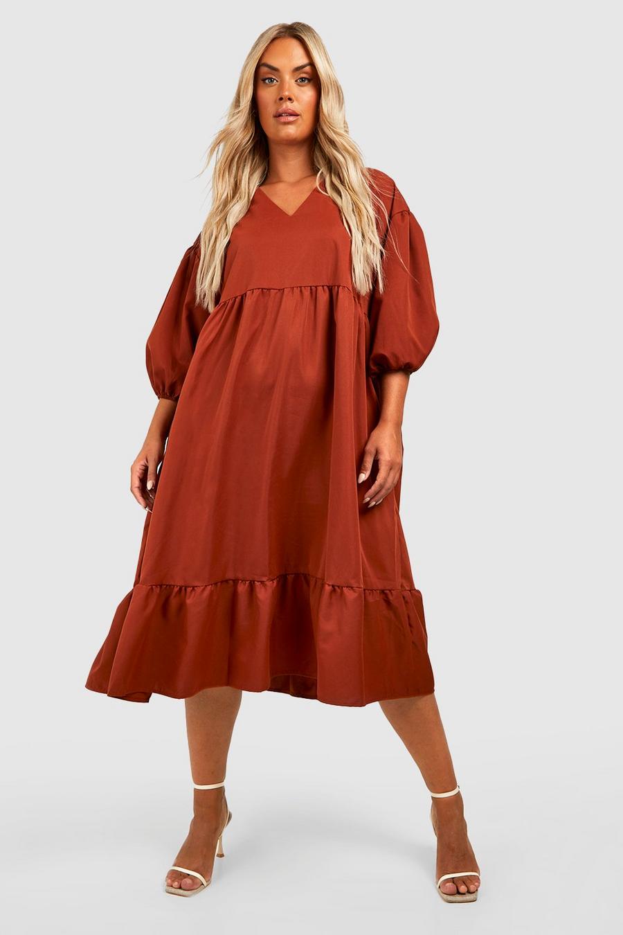 Terracotta Plus Woven Puff Sleeve Tiered Smock Dress image number 1