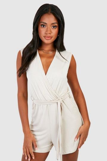 Stone Beige Wrap Belted Playsuit