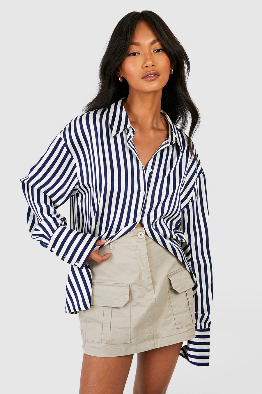 Camicia in raso a righe, Navy image number 1