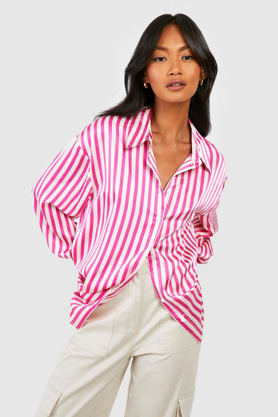Camicia in raso a righe, Pink image number 1