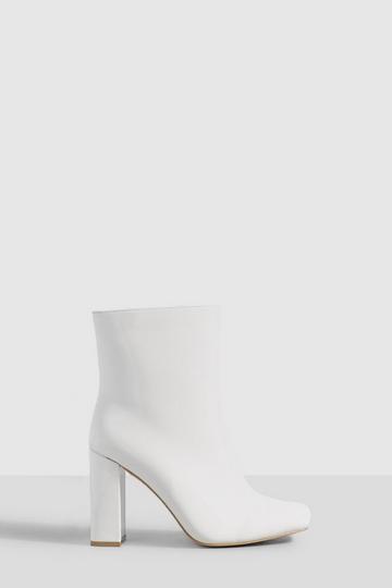 White Wide Width Patent Block Heel Ankle Boots