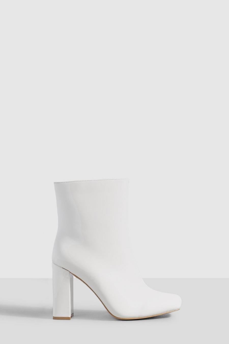 White Wide Fit Patent Block Heel Ankle Boots