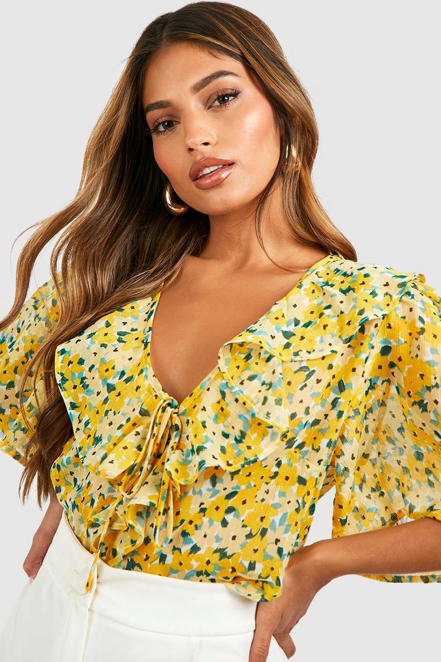 Mustard Floral Ruffle Blouse image number 1