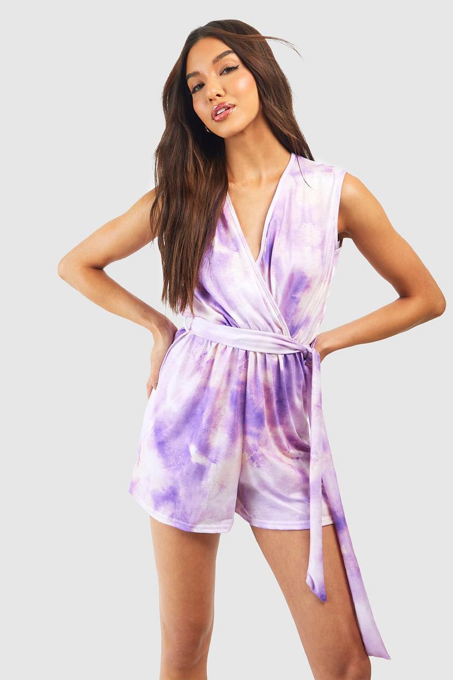 Purple Marble Wrap Belted Playsuit image number 1