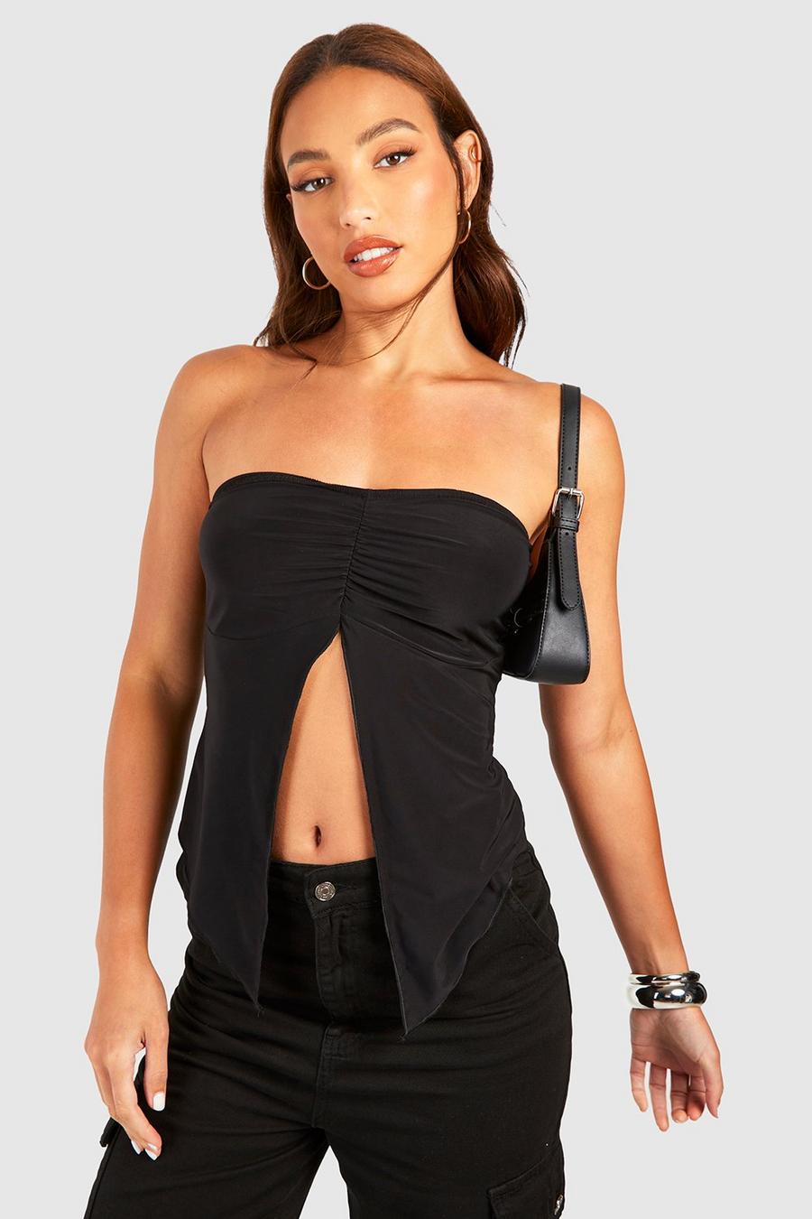 Black Tall Ruched Bust Split Slinky Tube Top